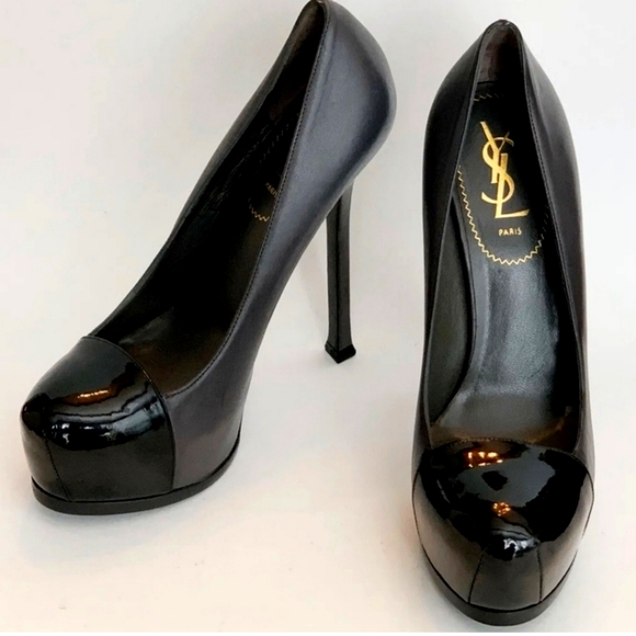 YVES SAINT LAURENT Gray Black Tribtoo Tribute Platform Heels IT38.5 NEW 8 - Picture 1 of 5